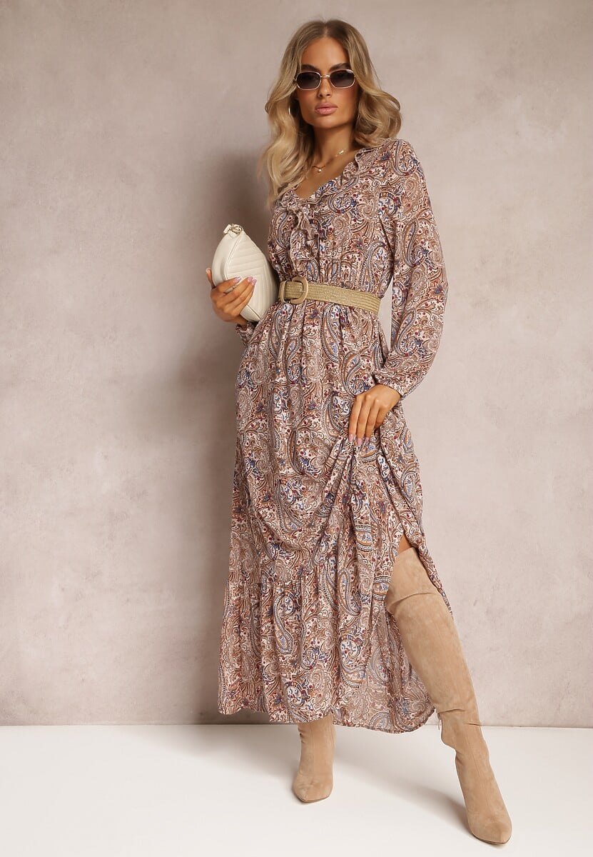 Brązowo-Beżowa Sukienka z Falbanką przy Dekolcie w Ornamentalny Wzór Mana