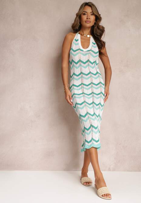 Biało-Zielona Plażowa Sukienka Midi Wiązana na Szyi i Plecach Lacenila