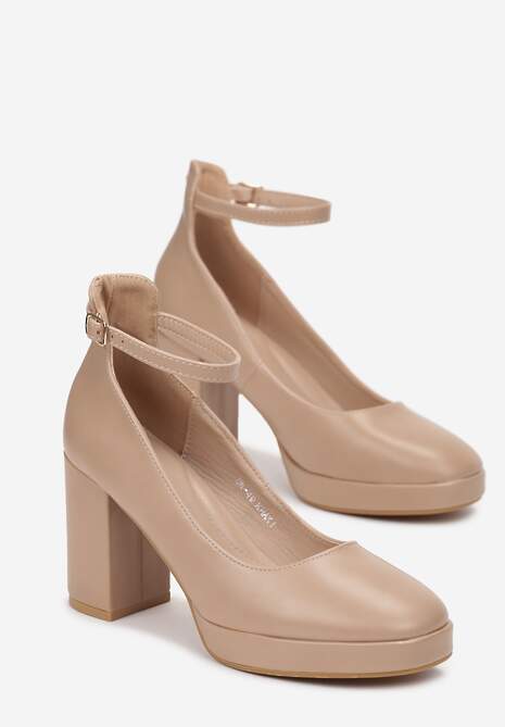 Ciemnobeżowe Jenolite Czółenka Zapinane wokół Kostki na Sprzączkę z Wysokim Słupkiem Rayisa