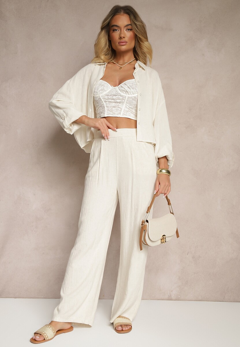 Beżowe Spodnie z Lnem i Bawełną o Szerokim Kroju High Waist Sallieta