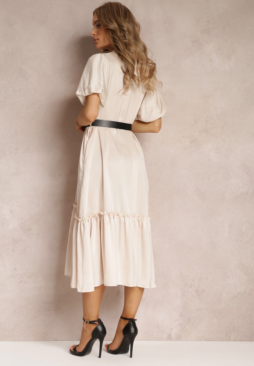 Beżowa Sukienka Midi z Ozdobną Falbanką i Dodatkowym Paskiem z Imitacji Skóry Charlotona