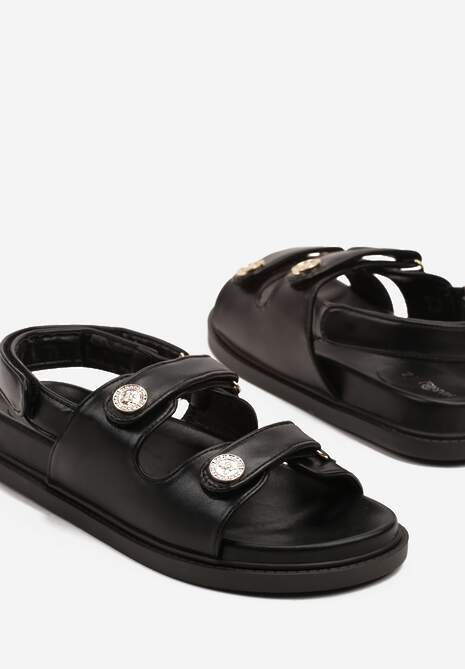 Czarne Sandały Zapinane na Rzep i Zdobione Metalicznymi Aplikacjami Kolowenna