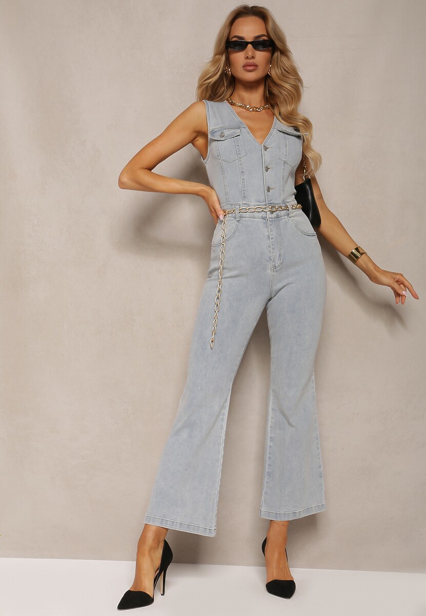 Jasnoniebieski Taliowany Jeansowy Kombinezon z Bawełny z Dzwonami z Guzikami i Imitacją Kieszeni Abnelia