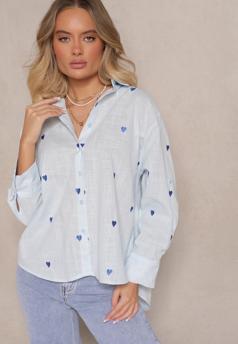Jasnoniebieska Bawełniana Koszula w Serca Elearose