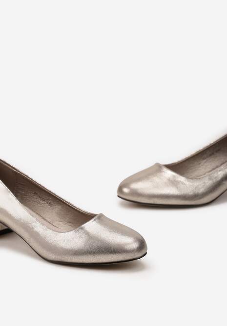 Srebrne Błyszczące Czółenka na Niskim Słupku ze Skórzaną Wkładką Grisela