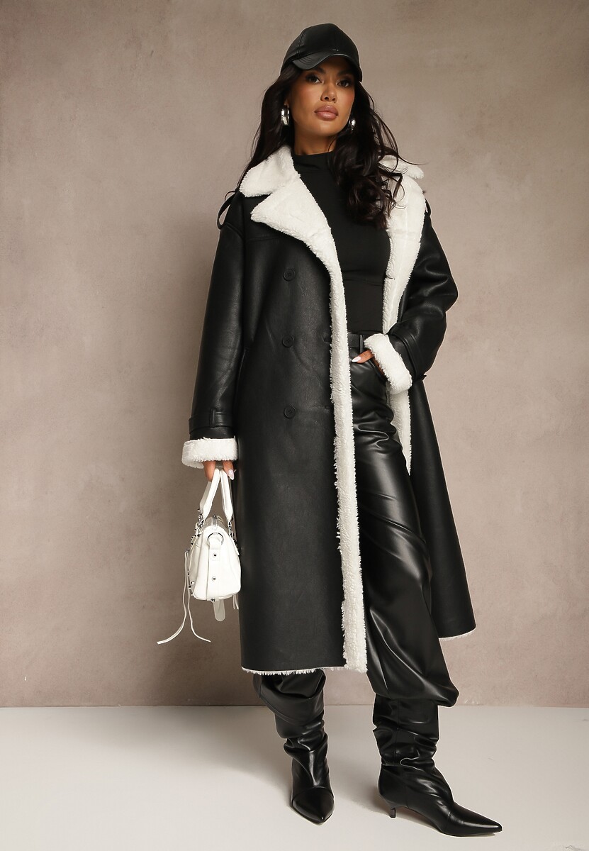 Czarny Płaszcz z Imitacji Skóry z Futerkiem o Dwurzędowym Kroju z Paskiem Zuzze