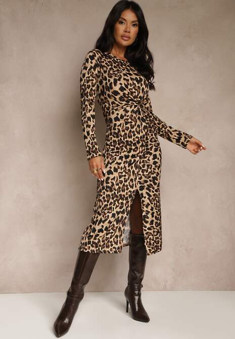 Ciemnobeżowa Sukienka w Panterowy Wzór Ozdobiona Rozcięciem i Marszczeniem w Pasie Saliaris