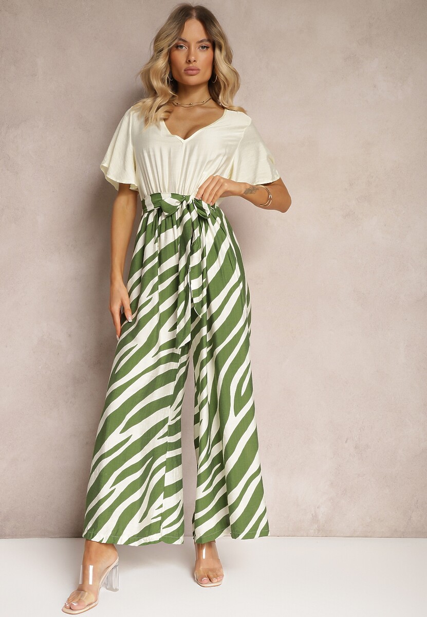 Czarno-Biały Kombinezon z Materiałowym Paskiem i Szerokimi Rękawami Nellda