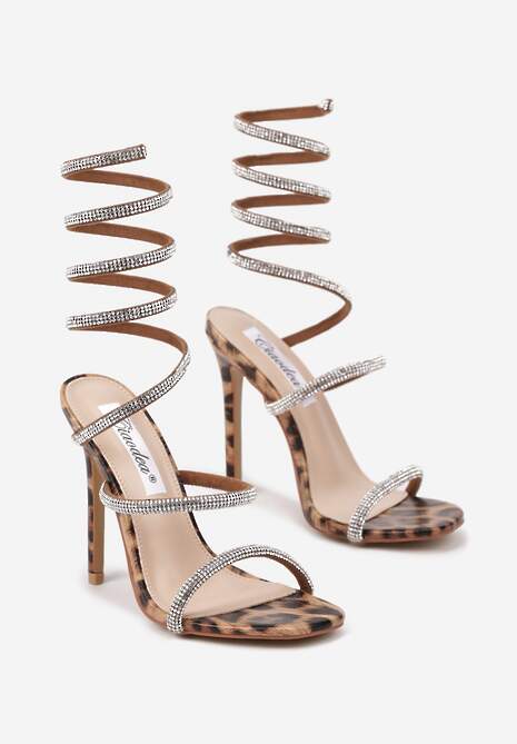 Brązowe Sandały na Obcasie Ozdobione Cyrkoniową Sprężyną na Łydkę i Wzorem w Panterkę Nelesi