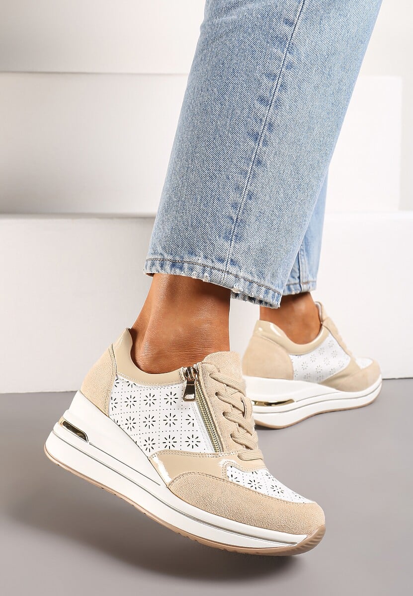 Beżowe Sneakersy z Ażurową Perforacją Suwakiem i Ukrytym Koturnem Pelaria