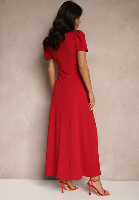 Czerwona Rozkloszowana Sukienka z Lekko Bufiastymi Rękawami i Dekoltem V Efrusae