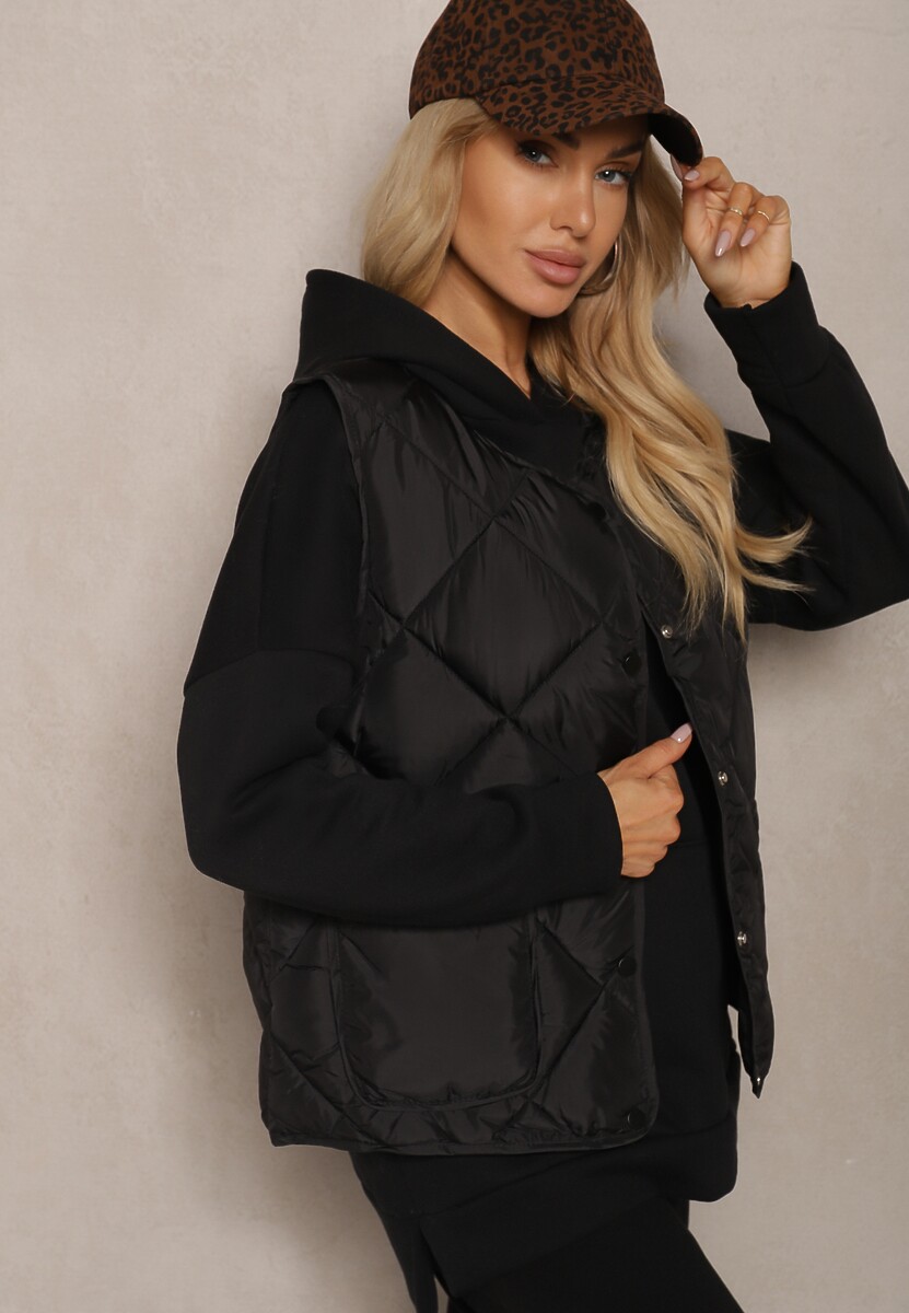 Czarna Pikowana Kamizelka z Kieszonkami i Napami Azortia