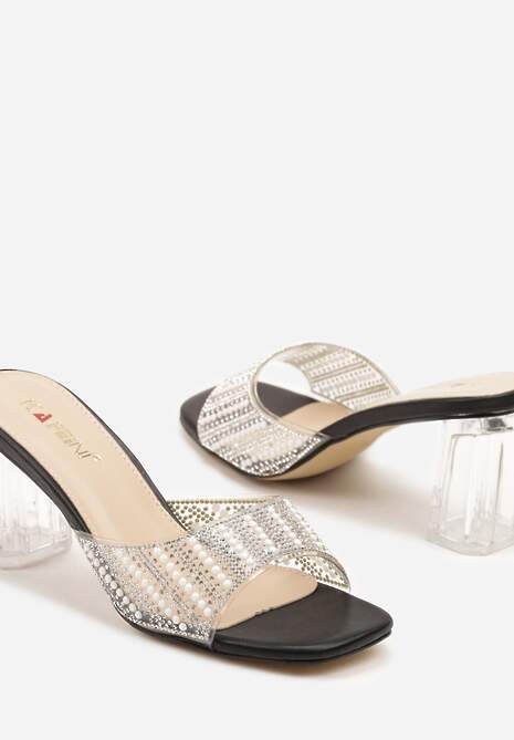 Czarne Transparentne Klapki na Słupku Ozdobione Cyrkoniami Sarfia