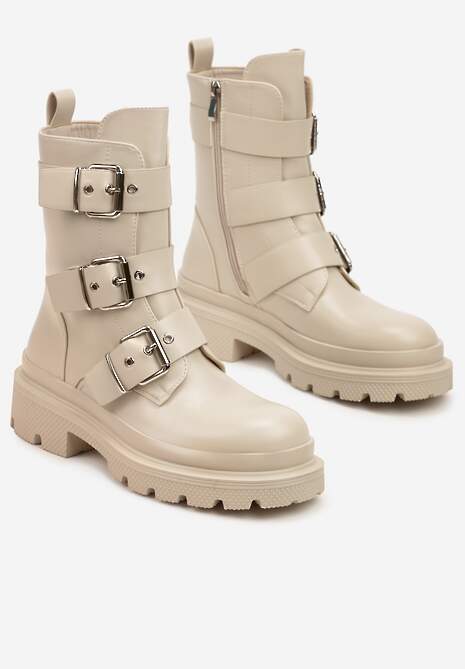Beżowe Płaskie Botki w Stylu Biker z Paskami i Metalowymi Klamrami Valina