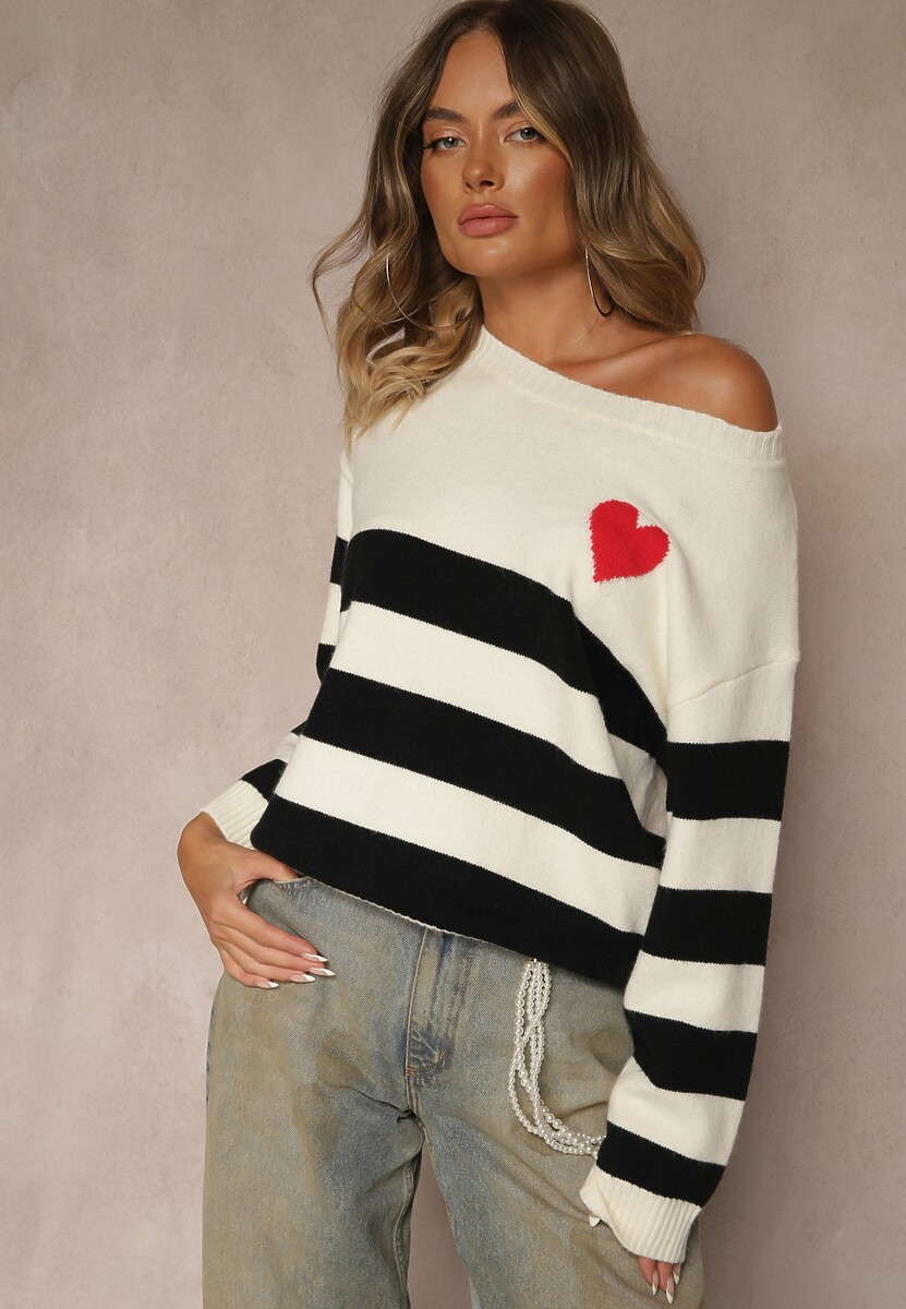 Jasnobeżowy Prosty Sweter z Domieszką Kaszmiru Zdobiony Wzorem w Pasy Tarvane