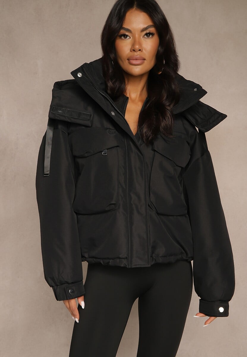 Czarna Kurtka Bomberka o Kroju Oversize z Kapturem i Dużymi Kieszeniami Nalesia