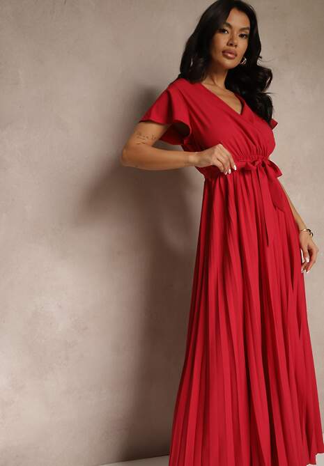 Bordowa Koktajlowa Maxi Sukienka Ozdobiona Plisami z Trójkątnym Dekoltem i Wiązaniem w Talii Phoelia