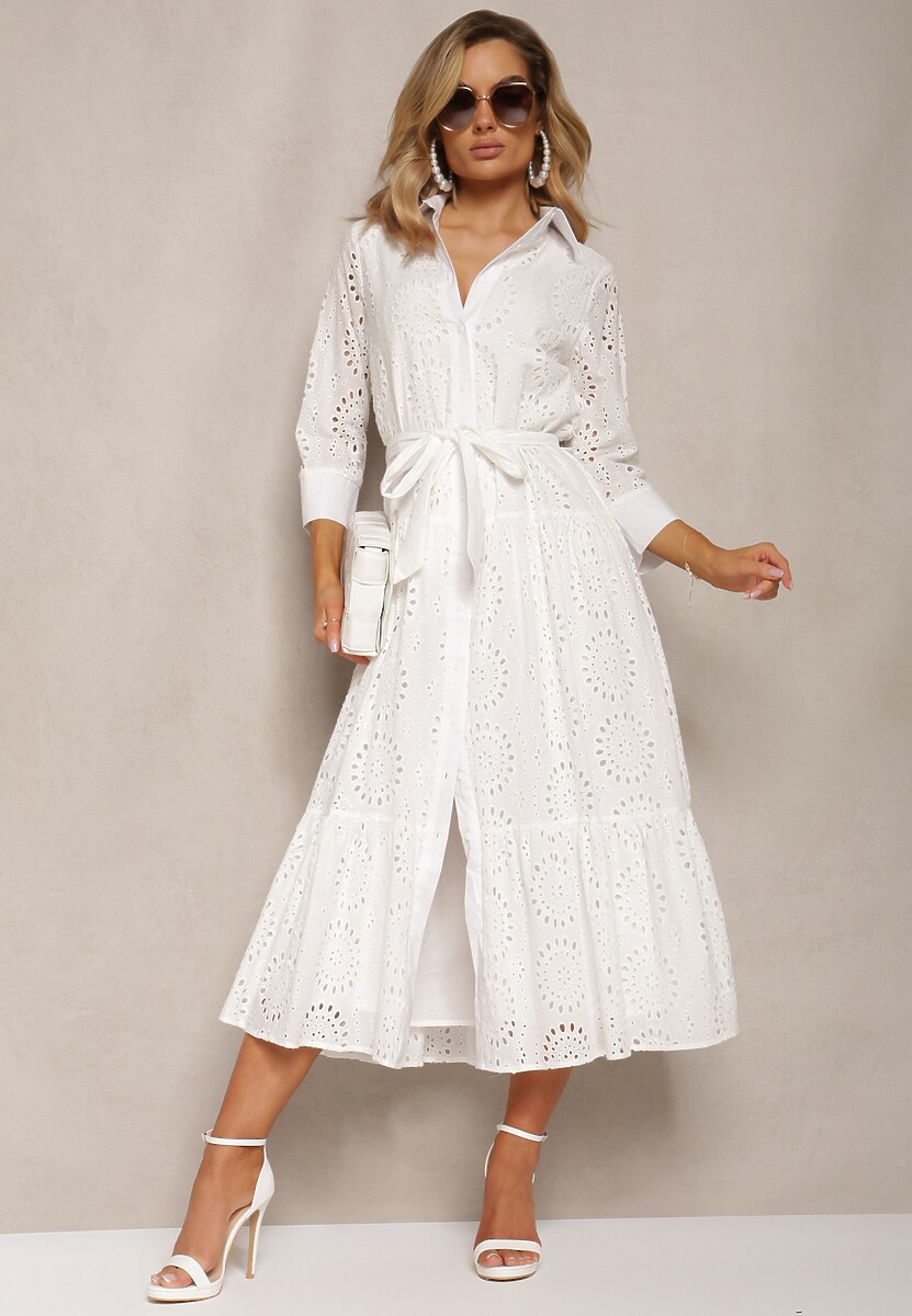 Biała Ażurowa Sukienka Koszulowa z Bawełnianej Tkaniny Felicema