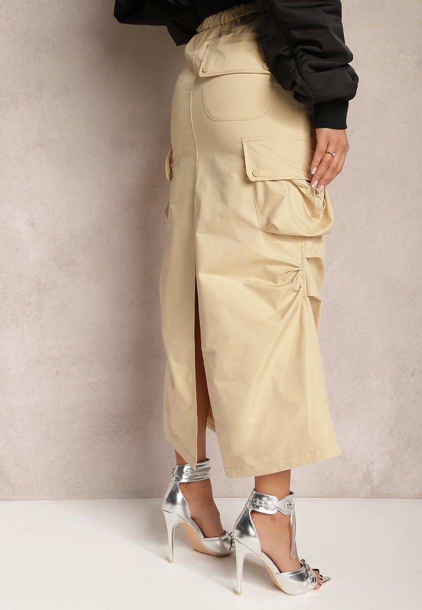 Beżowa Marszczona Spódnica Midi w Stylu Cargo z Gumką w Talii Gacieam