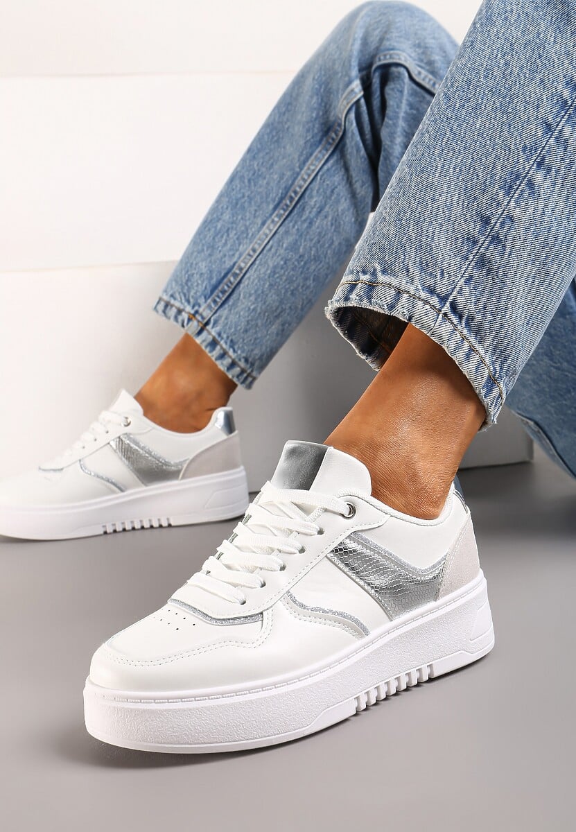 Biało-Beżowe Sneakersy na Platformie z Brokatowymi Akcentami Sellona