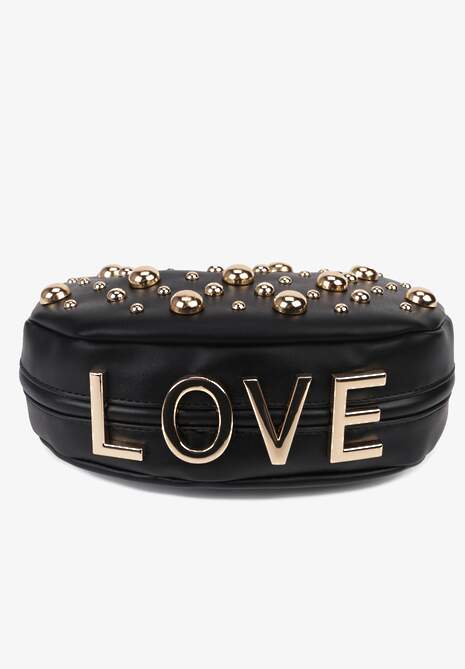 Czarna Torebka Baguette z Napisem Love Łańcuszkiem i Wypukłymi Nitami Teresiel