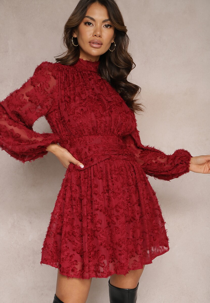 Bordowa Koronkowa Sukienka Mini z Gumką w Pasie Netta