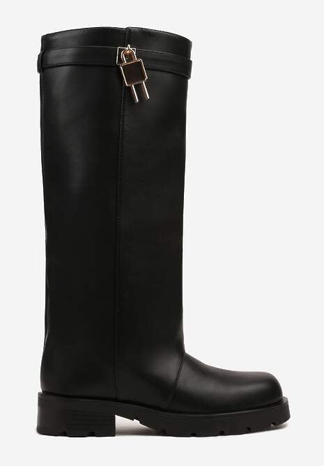 Czarne Kozaki z Imitacją Nakładkowej Cholewki i Aplikacją Nallara