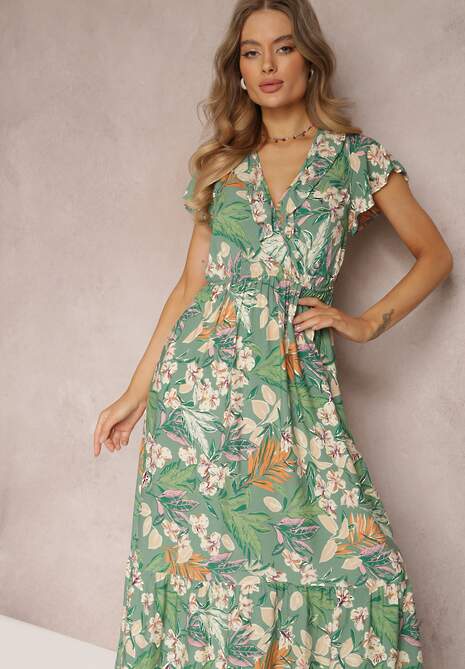 Zielona Sukienka z Wiskozy Maxi w Kwiaty Mahiza
