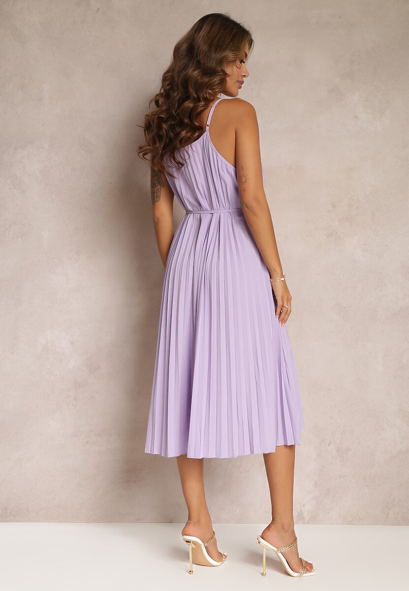 Fioletowa Letnia Sukienka Ozdobiona Plisowaniem i Wiązaniem w Pasie Aziel