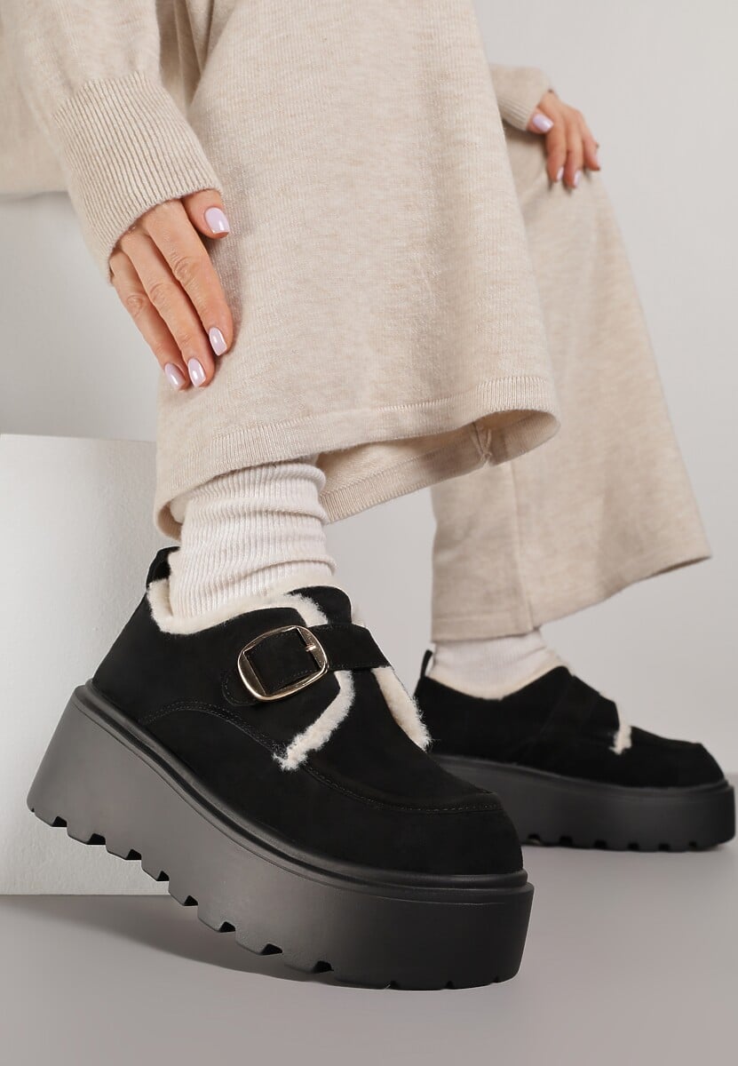 Czarne Śniegowce na Platformie z Paskiem ze Sprzączką i Futrem Unweda