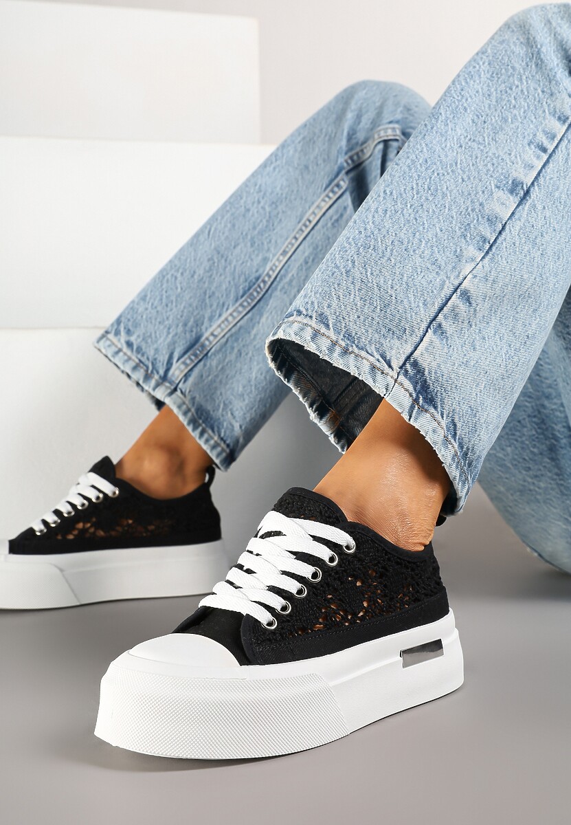 Czarne Trampki na Platformie z Ażurową Cholewką Adivlen