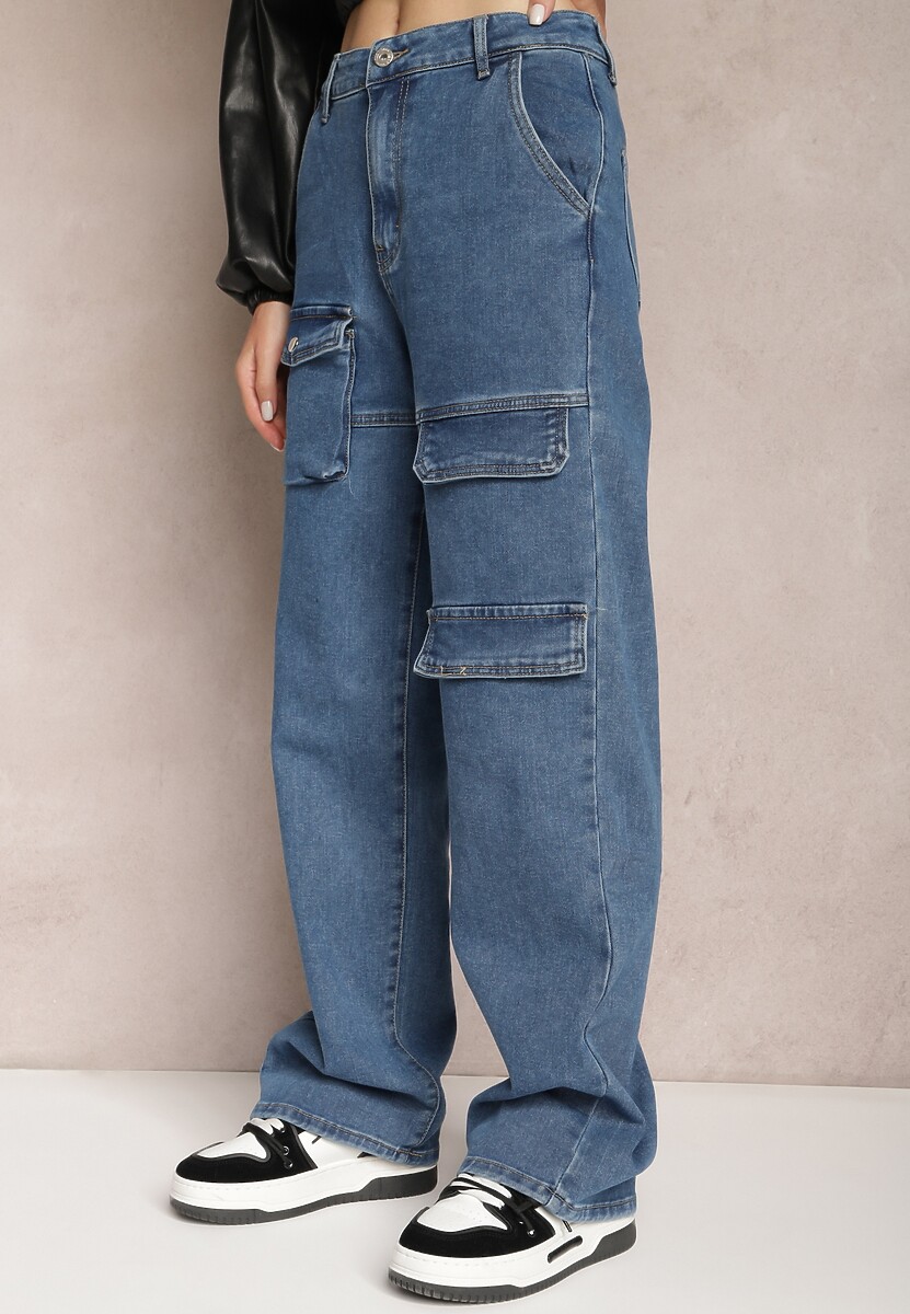 Ciemnozielone Bawełniane Spodnie Bojówki z Prostymi Nogawkami i Kieszeniami z Klapami Aranduil