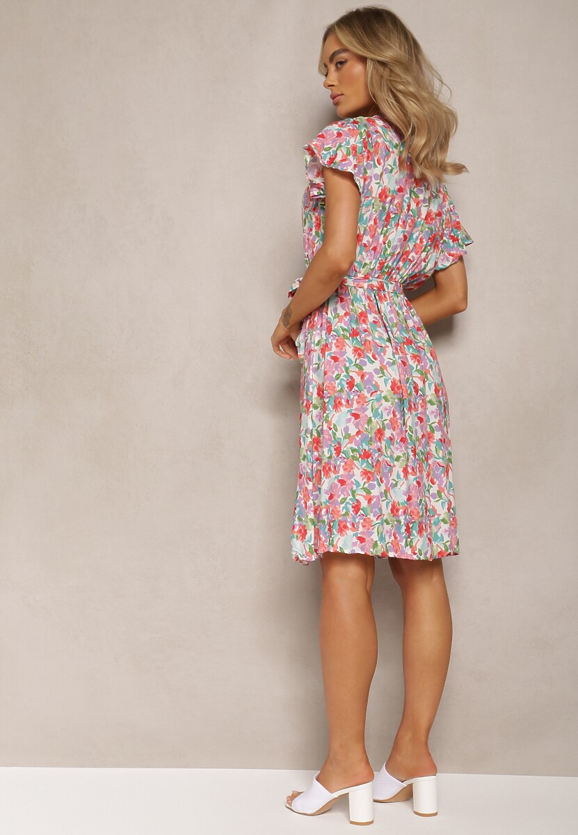 Różowo-Biała Wiskozowa Sukienka w Kwiaty z Kopertowym Dekoltem Tienn