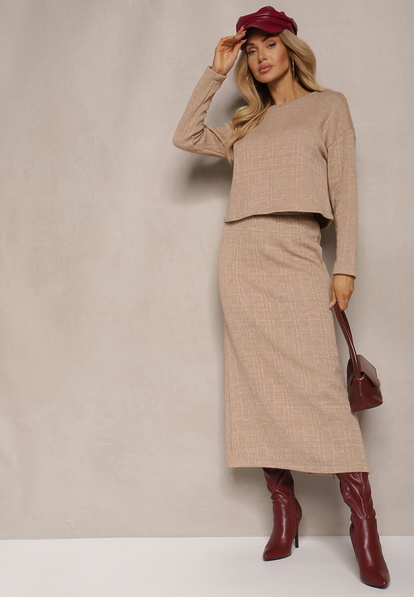 Czarny Dzianinowy Komplet z Wiskozą Bluzka i Spódnica Ozdobiona Rozcięciem Ilirina