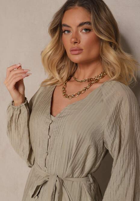 Ciemnozielona Sukienka z Wiskozy Taliowana z Rozkloszowanym Dołem o Koszulowym Kroju Emlio