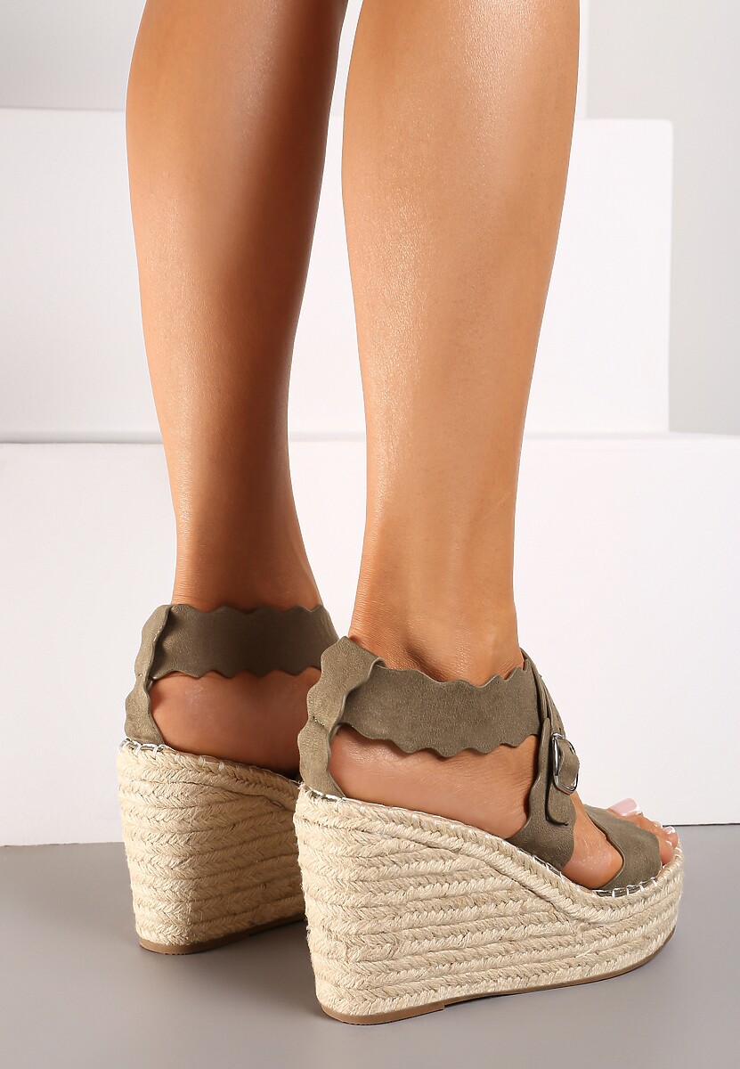 Ciemnozielone Sandały na Koturnie z Juty z Ozdobnymi Paskami Rhexinn
