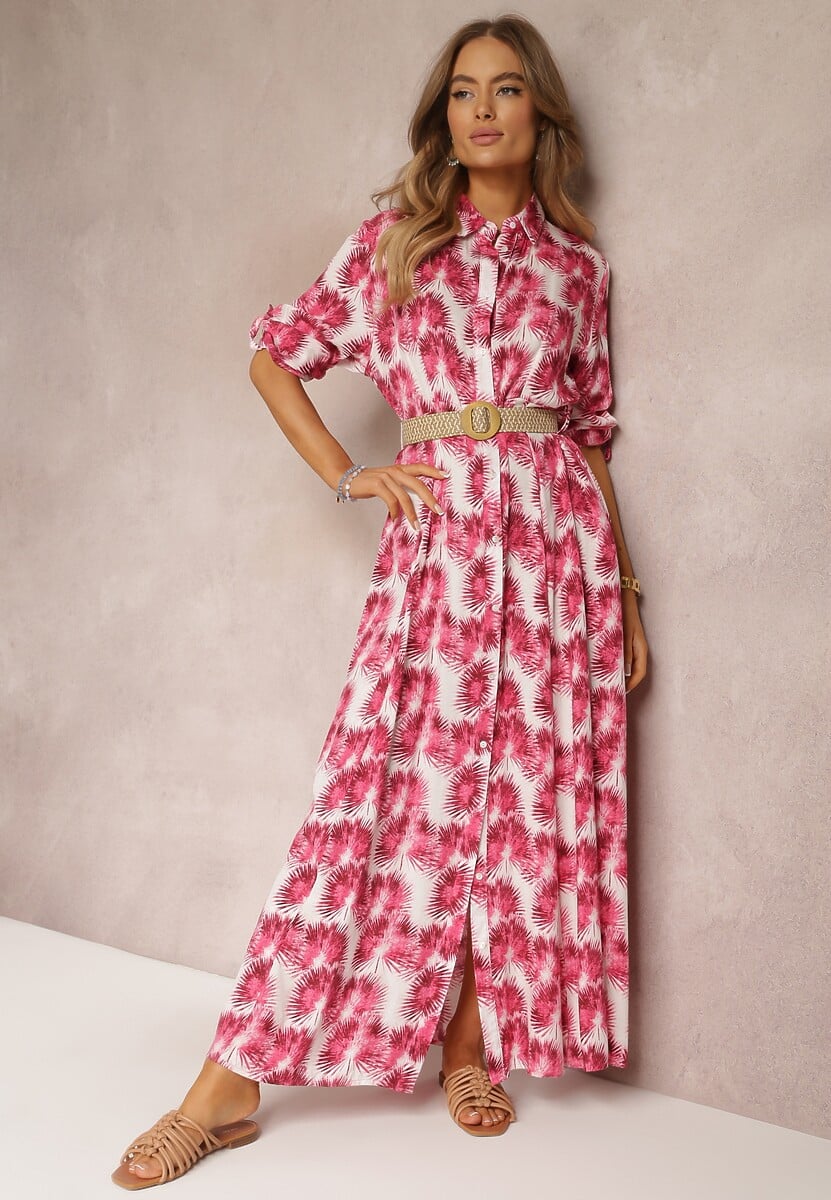 Fuksjowa Koszulowa Sukienka Maxi z Guzikami i Podpinanymi Rękawami Jaye