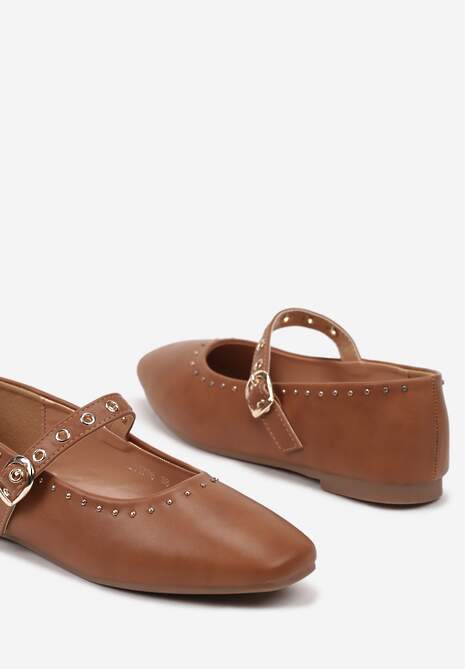 Brązowe Balerinki na Płaskiej Podeszwie Mary Jane z Ćwiekami Bialonna