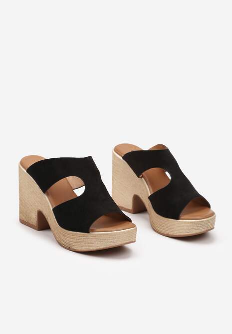 Czarne Wsuwane Klapki na Obcasie i Platformie z Wyciętym Paskiem Teasel