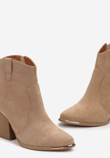 Ciemnobeżowe Botki na Stożkowym Obcasie w Stylu Kowbojek Ellite