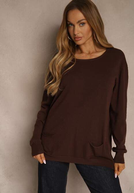 Brązowy Sweter z Kaszmirem Ozdobiony Kieszeniami Saniswena