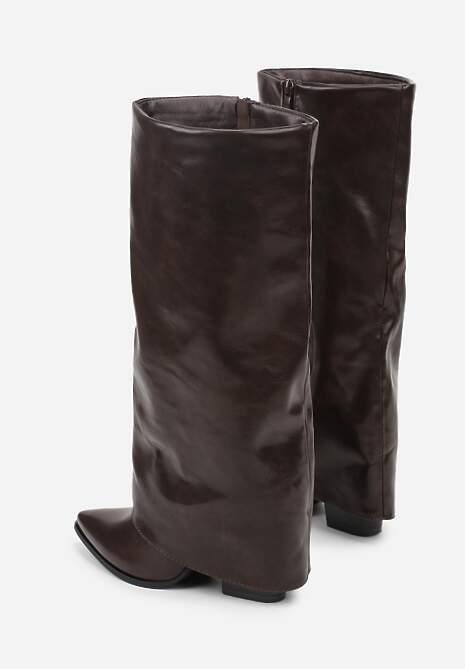 Brązowe Kozaki na Stożkowym Obcasie Ozdobione Wywiniętą Cholewką Nalunisa