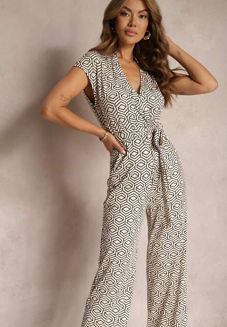 Beżowo-Czarny Kombinezon z Dodatkiem Wiskozy z Wiązaniem w Talii w Geometryczny Wzór Trosofia