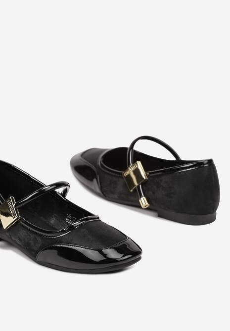 Czarne Balerinki ze Wstawkami ze Skóry Naturalnej o Lakierowanym Połysku ze Sprzączką Alvitta