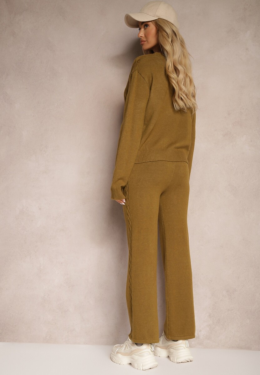 Zielony Komplet z Wełną ze Spodniami Typu Wide Leg i Strukturalnym Swetrem Naonella