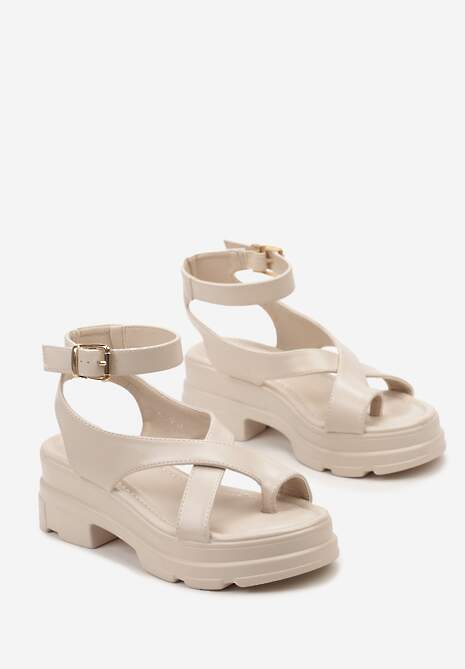 Beżowe Sandały Niskiej Platformie Zapinane na Sprzączkę przy Kostce Lillara