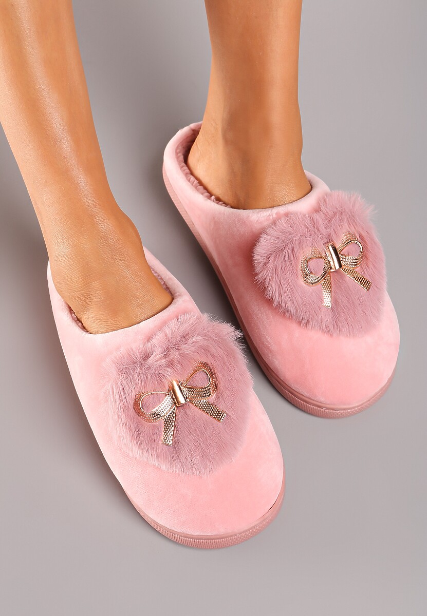 Ciemnoróżowe Kapcie na Płaskiej Podeszwie z Kokardą Lerilina