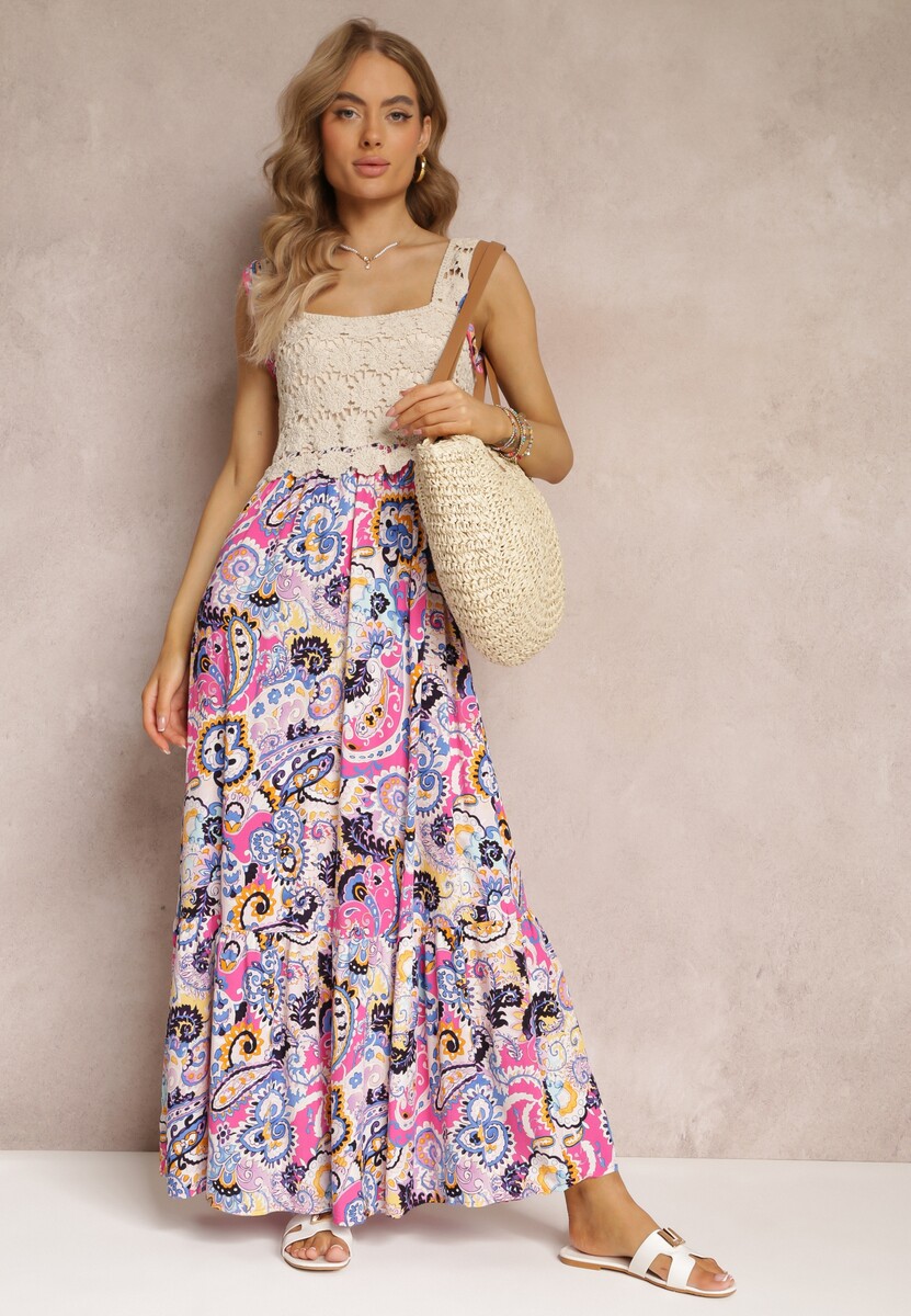 Fuksjowa Rozkloszowana Sukienka Maxi z Szydełkową Górą na Ramiączkach Kashan