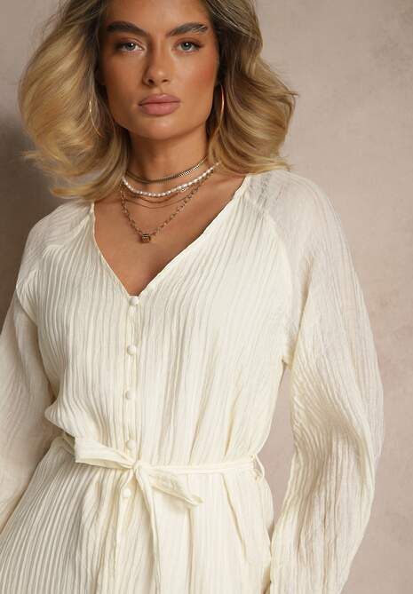 Jasnobeżowa Sukienka z Wiskozy Taliowana z Rozkloszowanym Dołem o Koszulowym Kroju Emlio