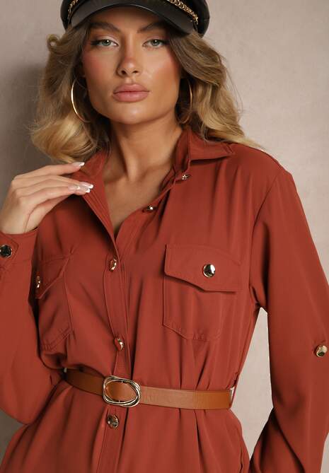 Brązowa Koszulowa Sukienka Ozdobiona Paskiem i Rękawem z Regulacją Esaviona